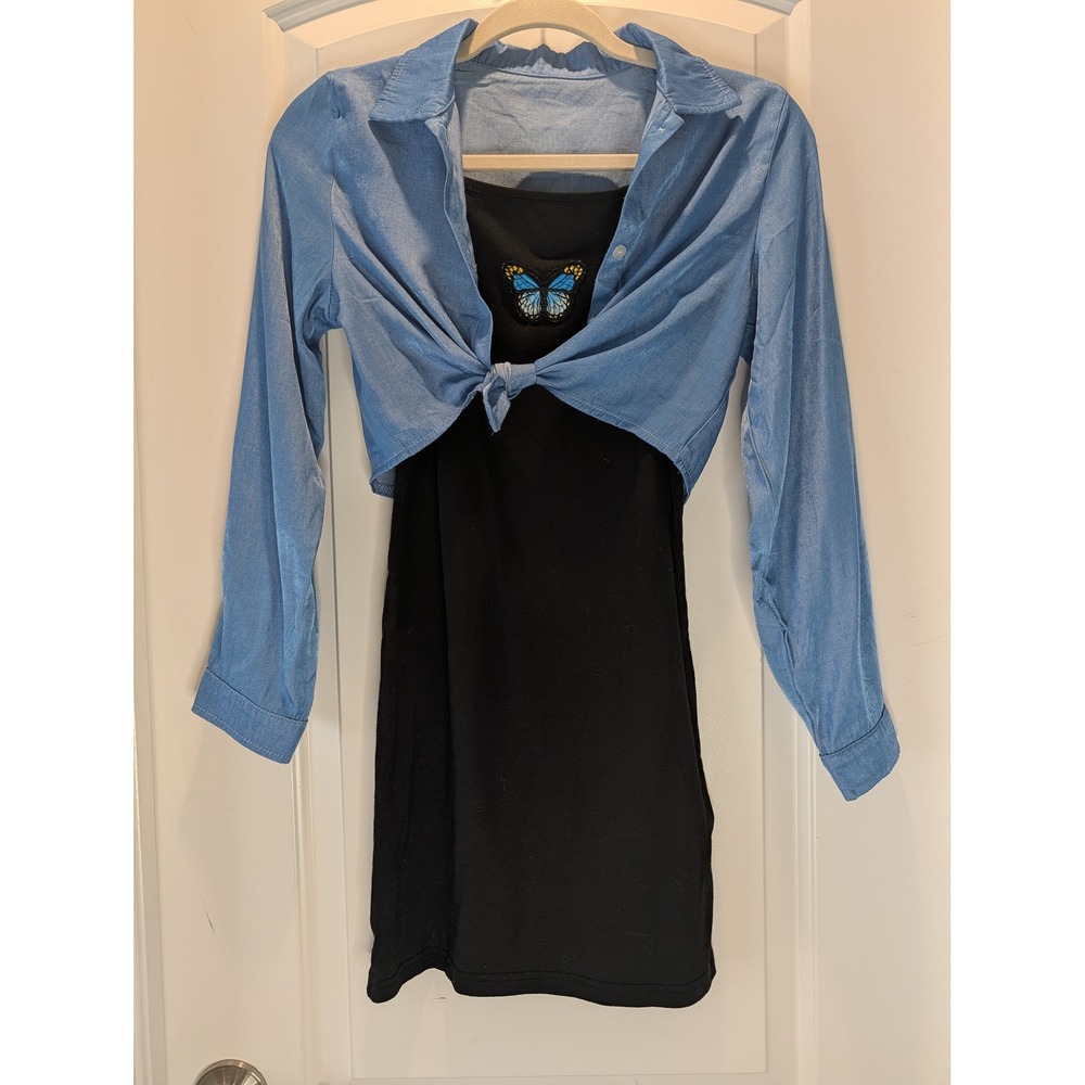 Kids Butterfly Embroidery Black Dress and Blue Cropped Chambray Top Set 11-12Y